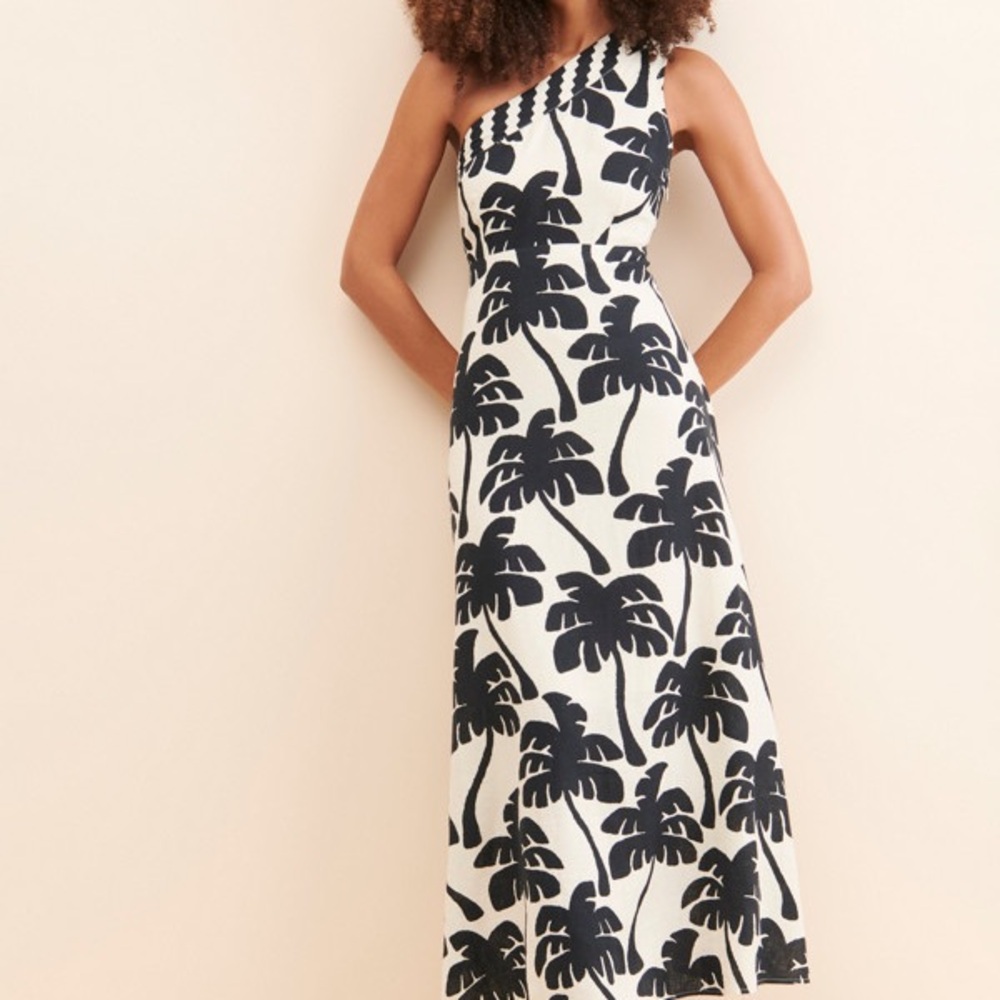 FARM Rio One-Shoulder Black and White Palm Dress